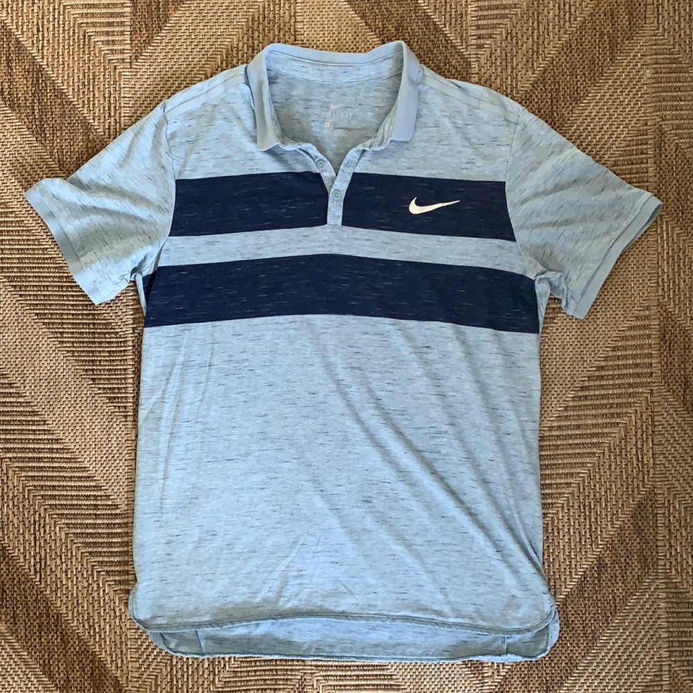 Nike Dry-Fit Light Blue Collared Shirt with Dark Blue Stripes